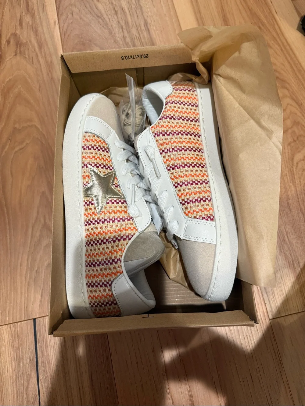ShuShop White Sneakers with Multicolor Woven Panels and Gold Star